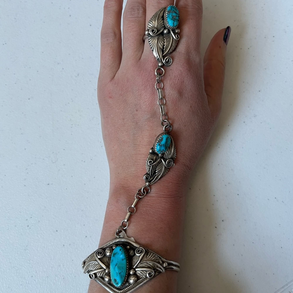 Vintage Native American Turquoise Bracelet Ring Set Sterling Silver Yazzie 7.5